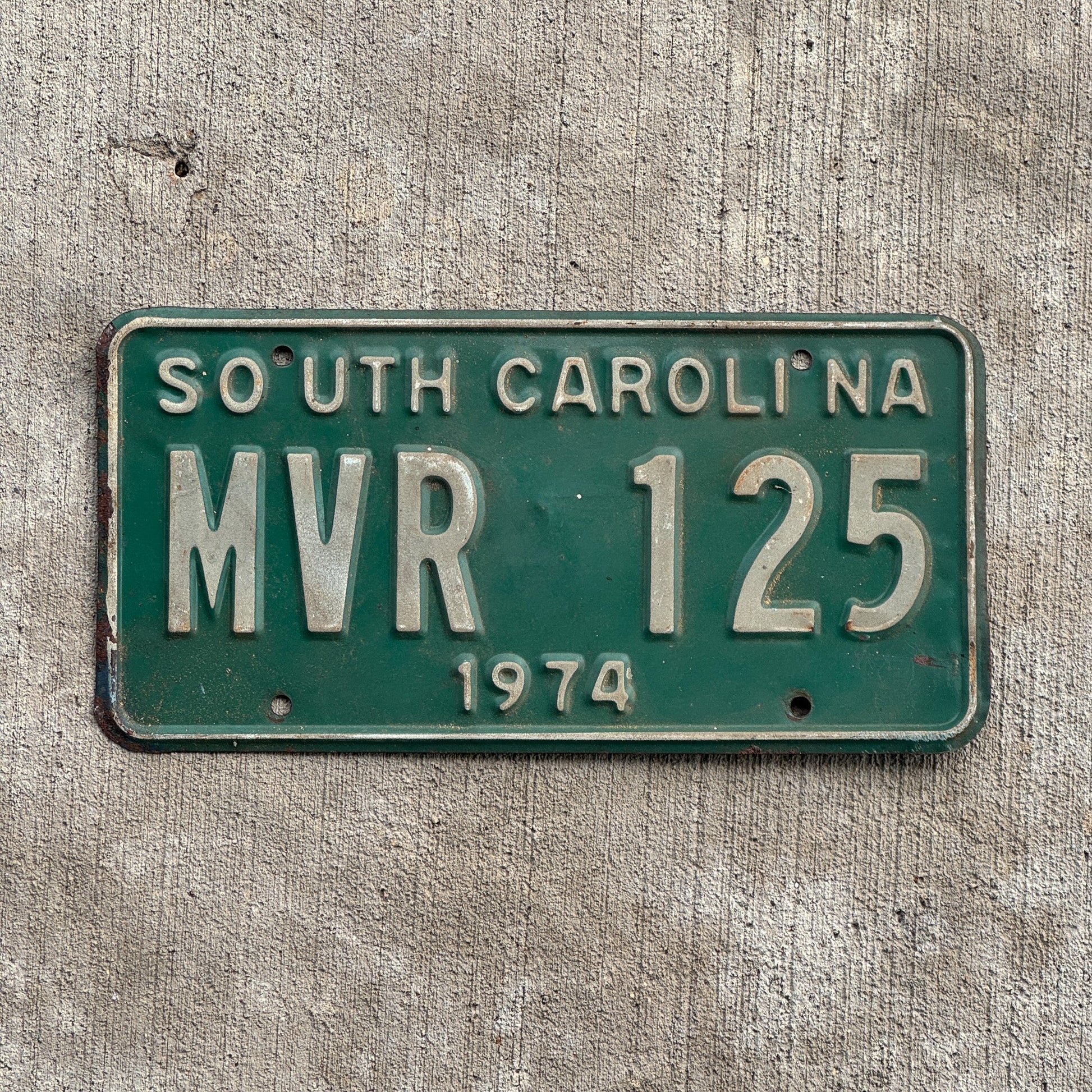 Photo of a 1974 South Carolina License Plate Auto Tag 2 Garage Decor MVR 125 with original patina