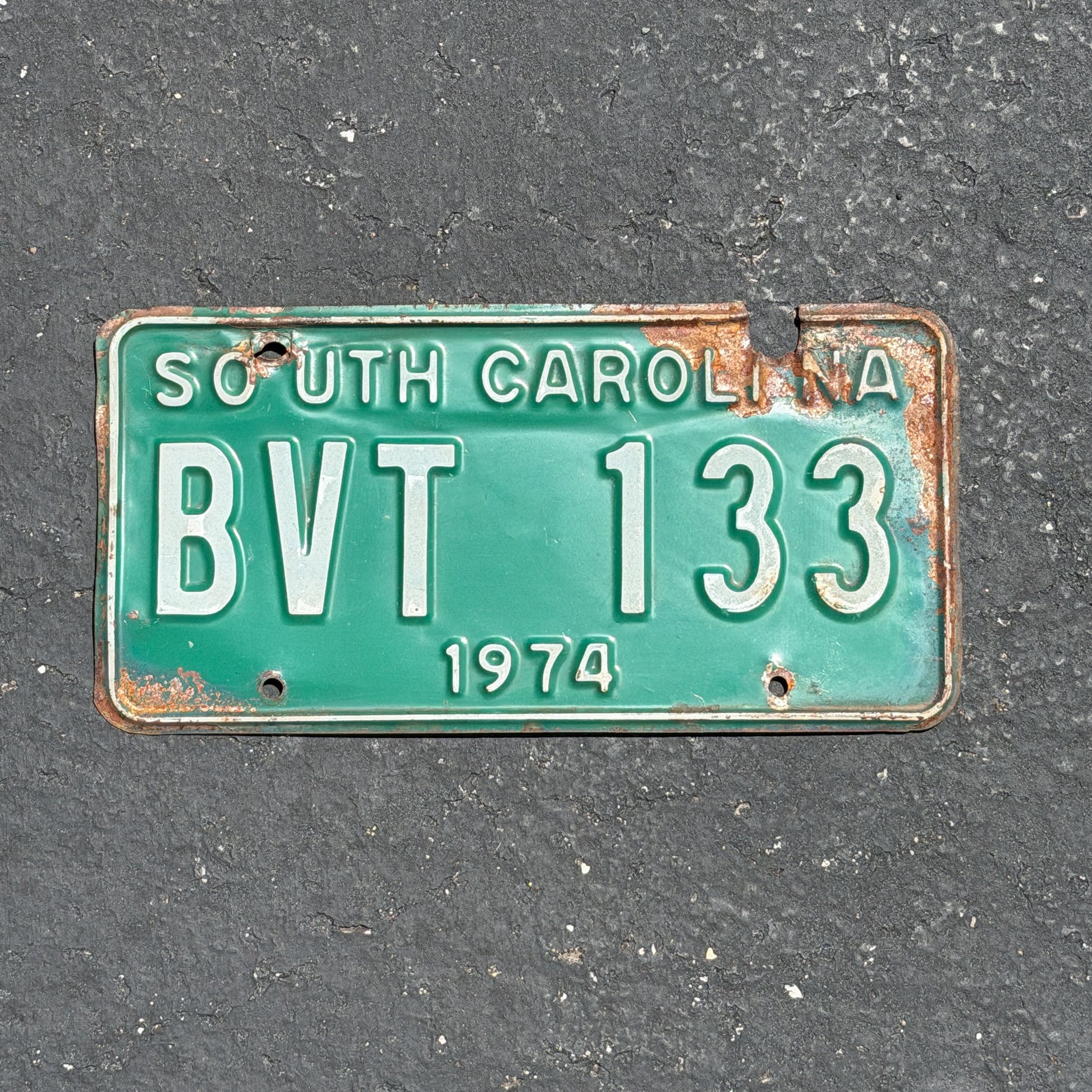Photo of a 1974 South Carolina License Plate Auto Tag Garage Decor Vintage BVT 133 with original patina