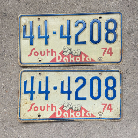 Photo of a 1974 South Dakota License Plate Pair Auto Tag Garage Decor Vintage 420 Weed Smoke 44 4208 with original patina