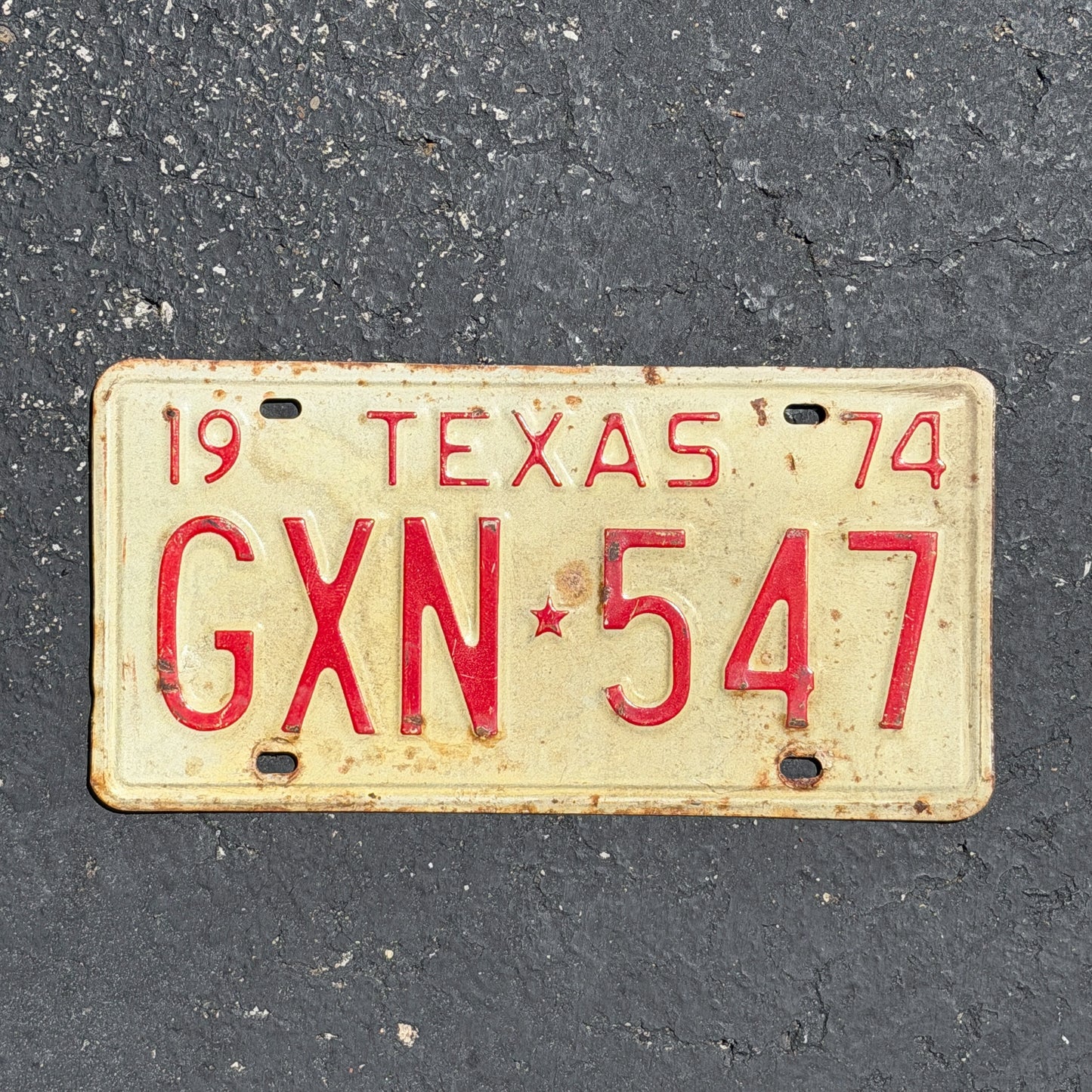 Photo of a 1974 Texas License Plate Auto Tag Garage Decor Vintage GXN 547 with original patina