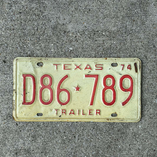 Photo of a 1974 Texas Trailer License Plate Auto Tag Garage Decor Vintage D86 789 with original patina