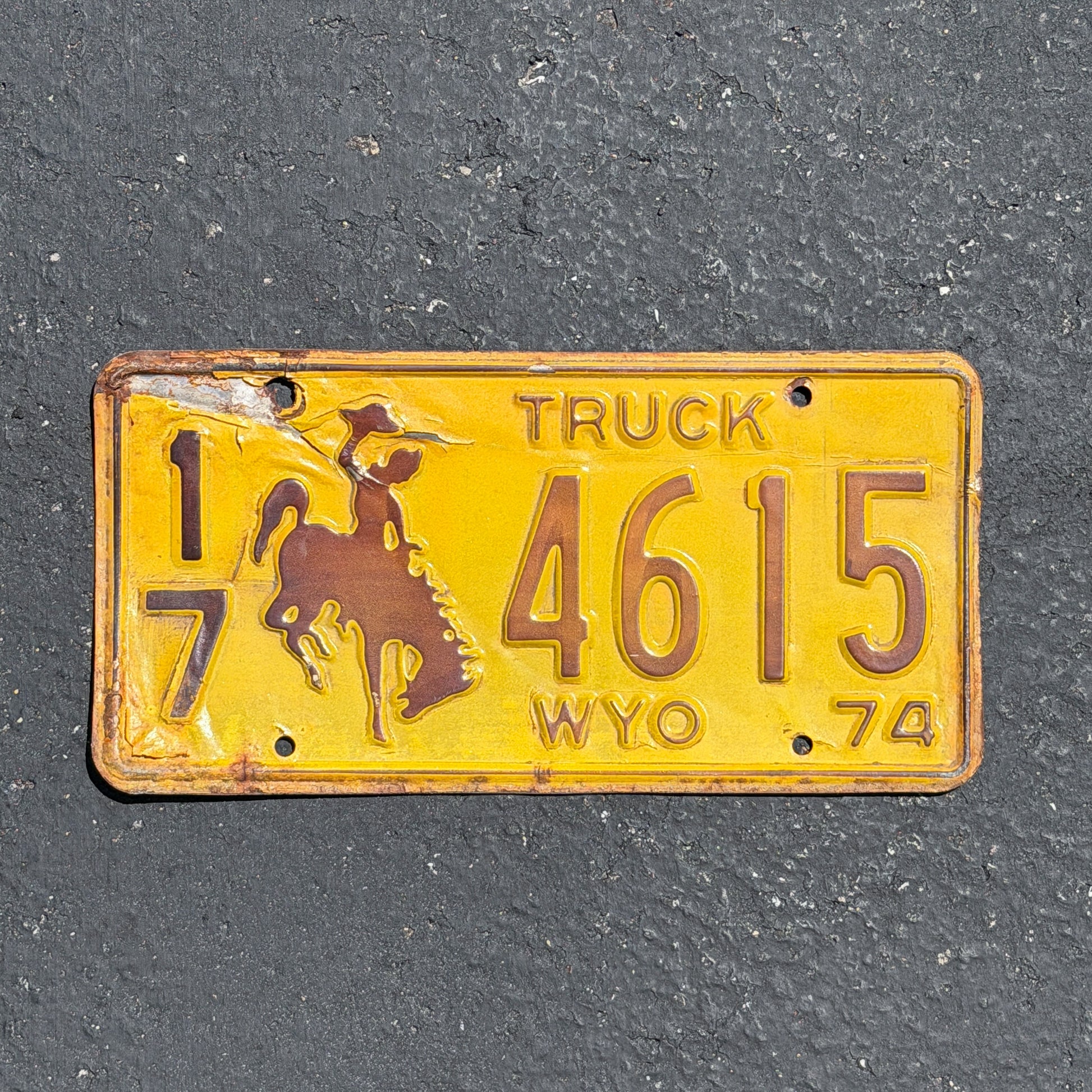 Photo of a 1974 Wyoming Truck License Plate Auto Tag Garage Decor Vintage Cowboy Rodeo 17 4615 with original patina