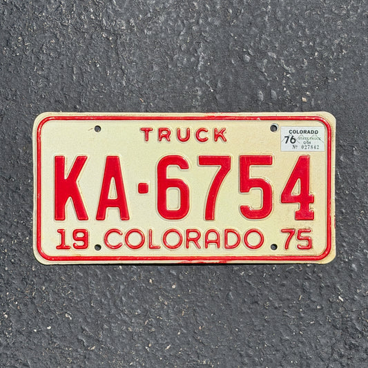 Photo of a 1975 1976 Colorado Truck License Plate Auto Tag Garage Decor Vintage KA 6754 with original patina