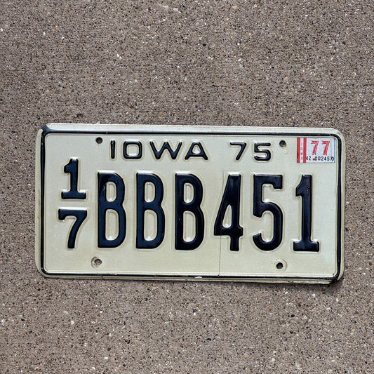 Photo of a 1975 1977 Iowa License Plate Auto Tag Garage Decor Vintage Repeat Repeating 17 BBB 451