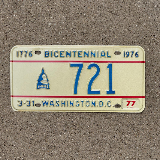 Photo of a 1975 1977 Washington DC License Plate Auto Tag 1 Garage Decor Low Number Three Digit Bicentennial 721 with original patina