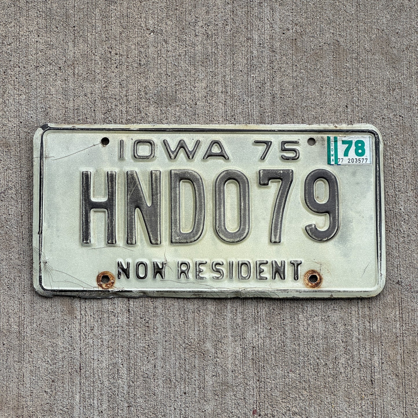 Photo of a 1975 1978 Iowa Non Resident License Plate Auto Tag Garage Decor Vintage HND 079 with original patina