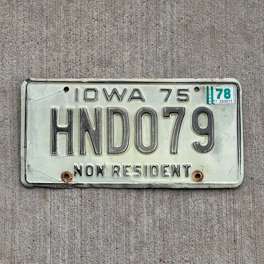 Photo of a 1975 1978 Iowa Non Resident License Plate Auto Tag Garage Decor Vintage HND 079 with original patina