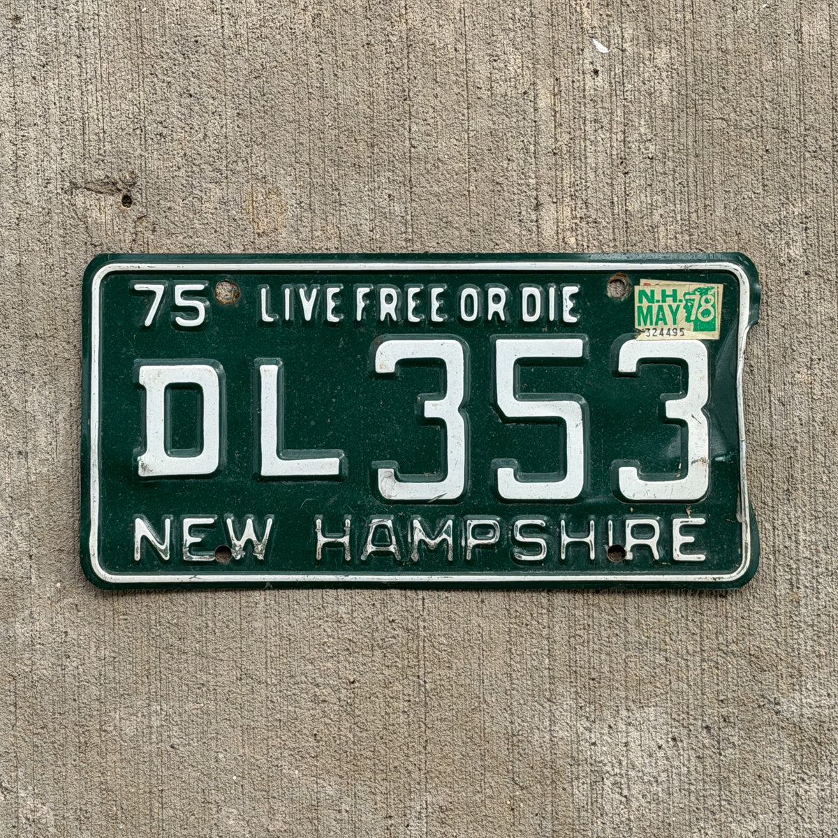 Photo of a 1975 1978 New Hampshire License Plate Auto Tag Garage Decor Vintage DL 353 with original patina