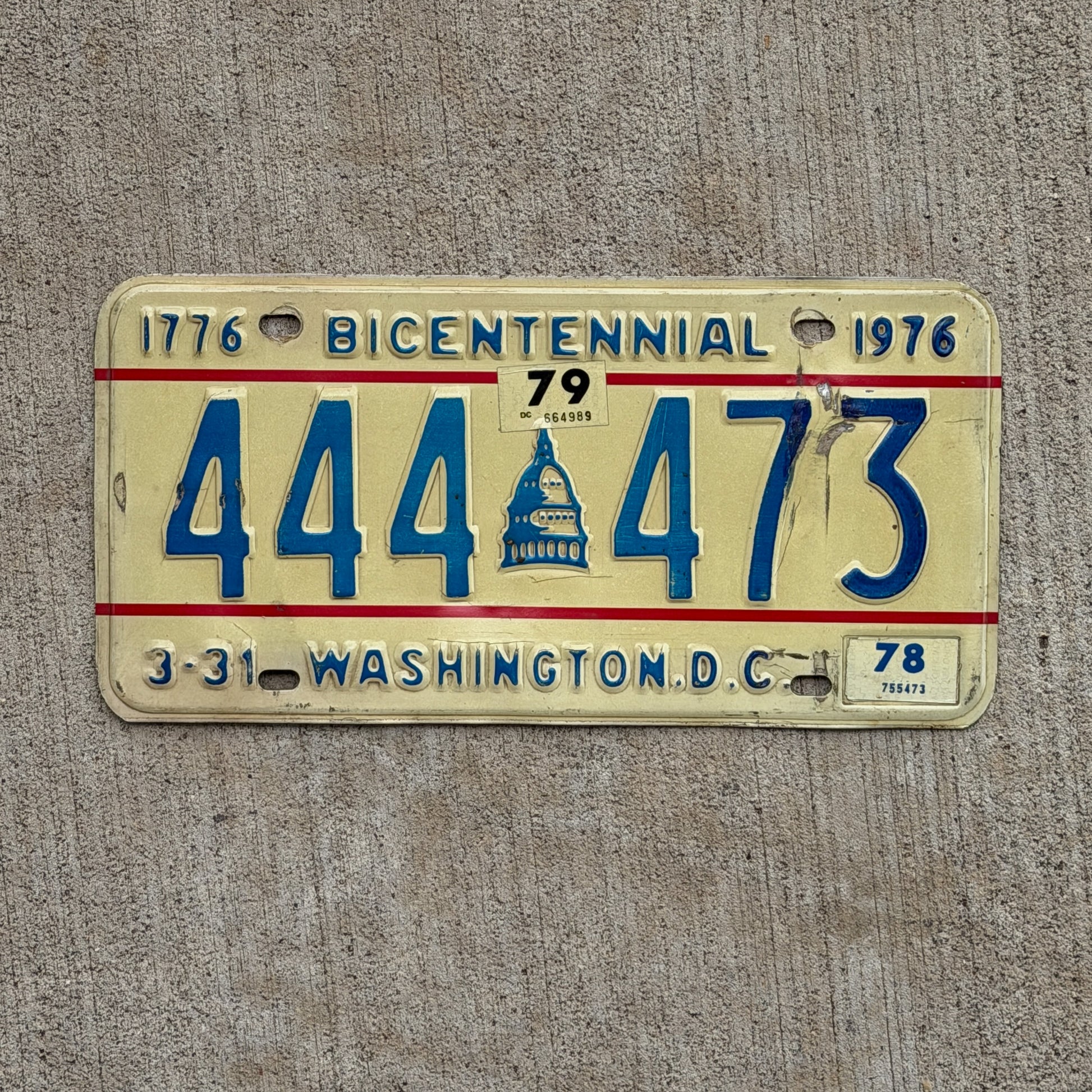 Photo of a 1975 1979 Washington DC License Plate Auto Tag Garage Decor Vintage Bicentennial Repeat Repeating 444 473 with original patina