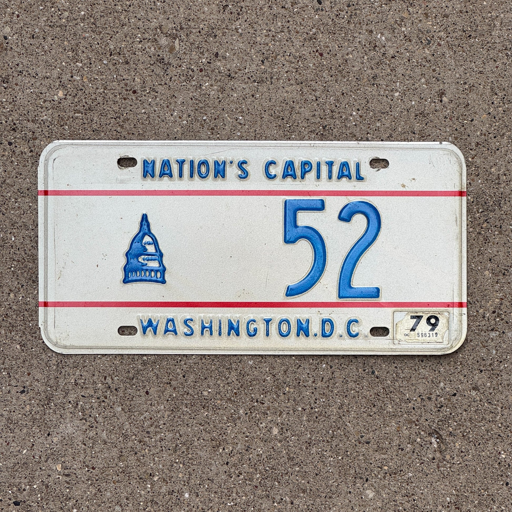 Photo of a 1975 1979 Washington DC License Plate Auto Tag Garage Decor Vintage Low Number Two Digit 52 with original patina