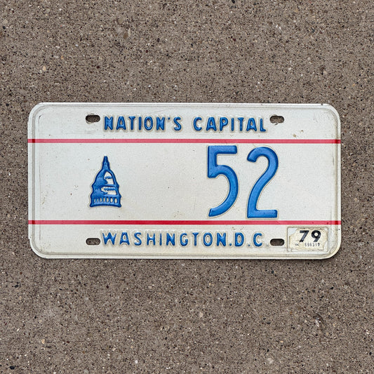 Photo of a 1975 1979 Washington DC License Plate Auto Tag Garage Decor Vintage Low Number Two Digit 52 with original patina