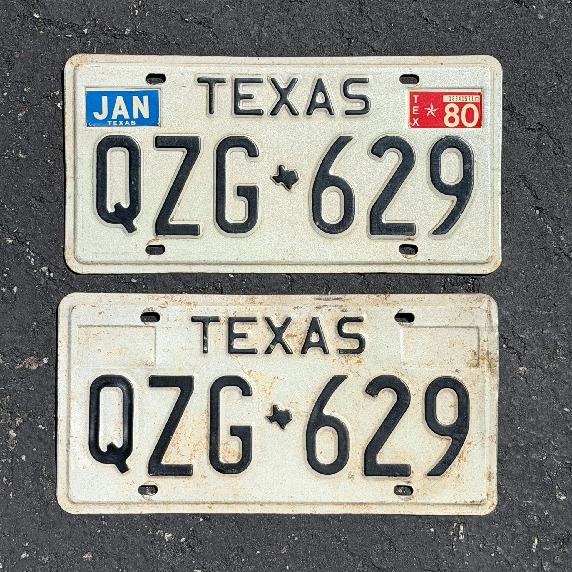 Photo of a 1975 1980 Texas License Plate Pair Auto Tag Garage Decor Vintage QZG 629 with original patina