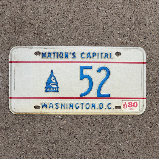 Photo of a 1975 1980 Washington DC License Plate Auto Tag Garage Decor Vintage Low Number Two Digit 52 with original patina