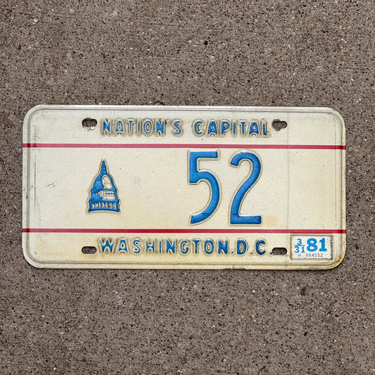 Photo of a 1975 1981 Washington DC License Plate Auto Tag Garage Decor Vintage Low Number Two Digit 52 with original patina