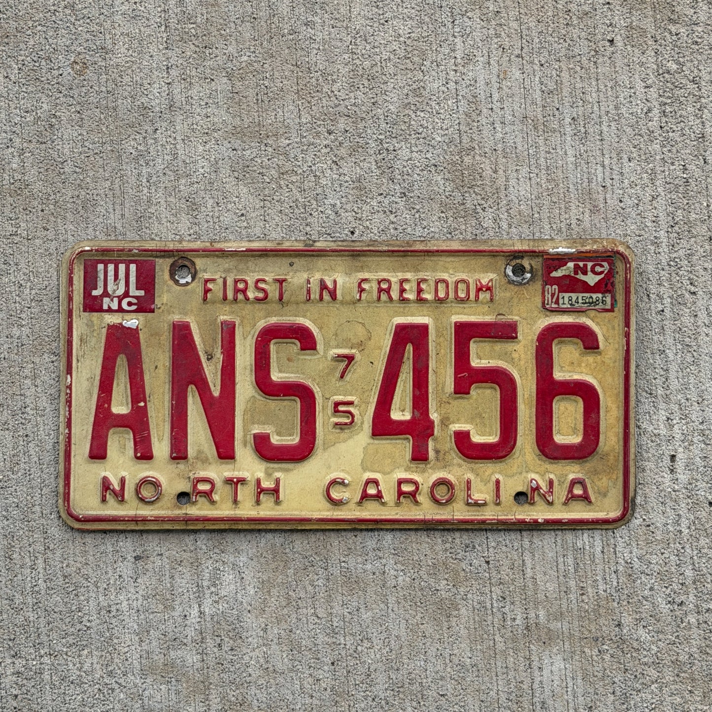 Photo of a 1975 1982 North Carolina License Plate Auto Tag Garage Decor Vintage ANS 456 with original patina
