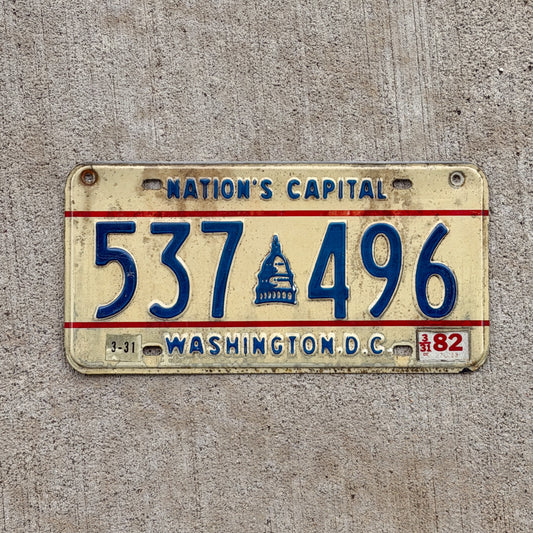 Photo of a 1975 1982 Washington DC License Plate Auto Tag Garage Decor Vintage 537 496 with original patina