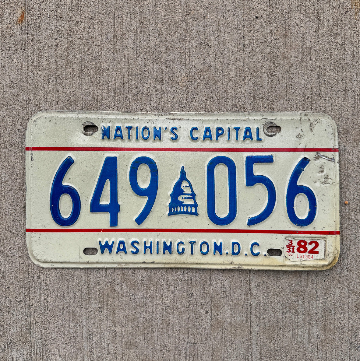 Photo of a 1975 1982 Washington DC License Plate Auto Tag Garage Decor Vintage 649 056 with original patina