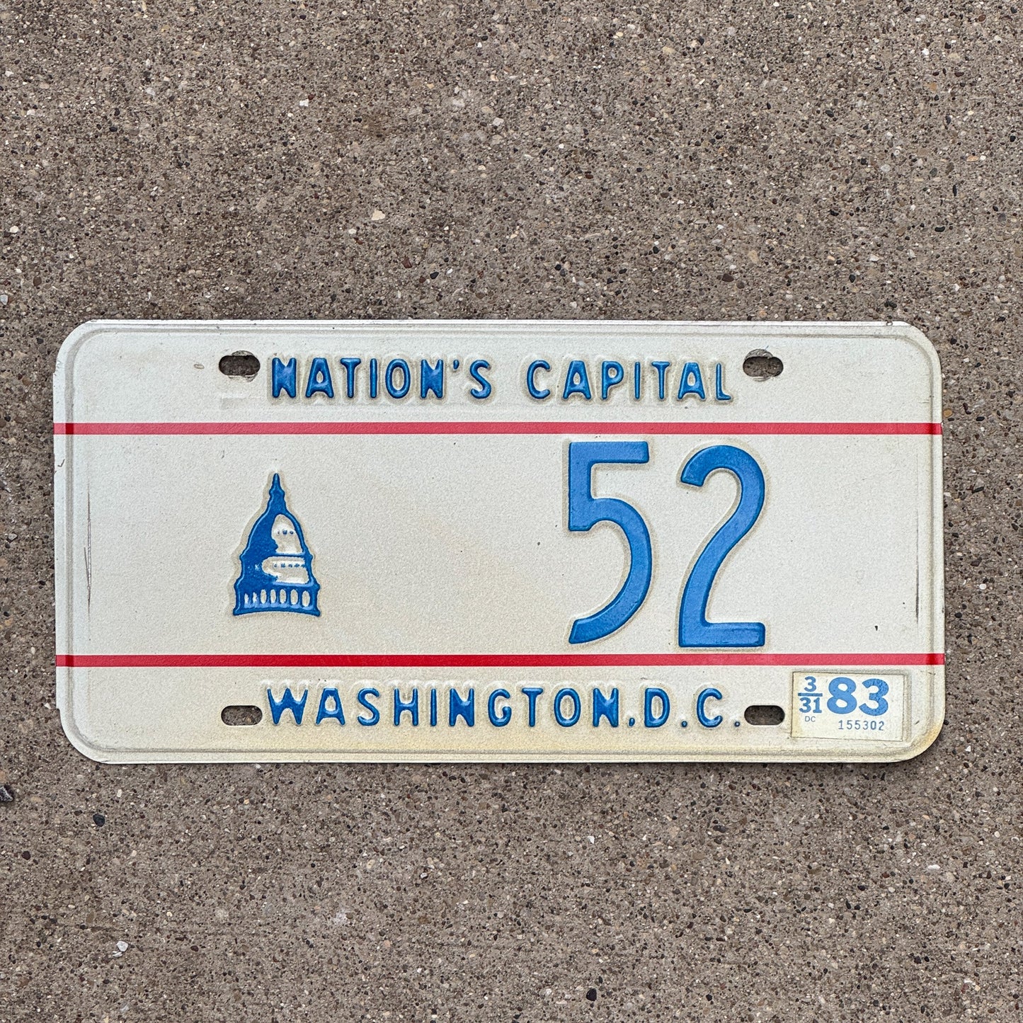 Photo of a 1975 1983 Washington DC License Plate Auto Tag Garage Decor Vintage Low Number Two Digit 52 with original patina