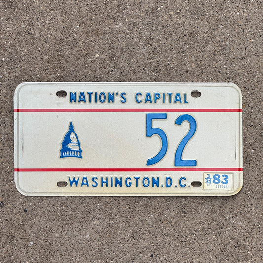 Photo of a 1975 1983 Washington DC License Plate Auto Tag Garage Decor Vintage Low Number Two Digit 52 with original patina