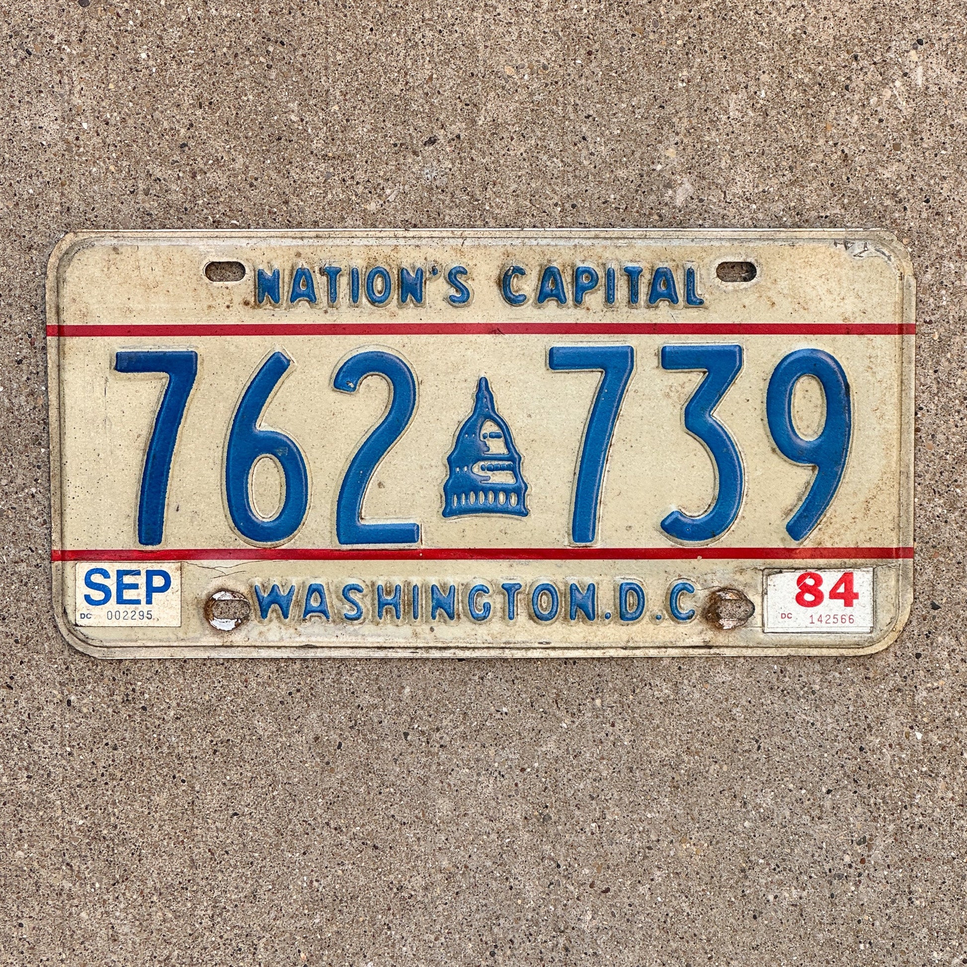 Photo of a 1975 1984 Washington DC License Plate Auto Tag Garage Decor Vintage Capitol Graphic 762 739 with original patina