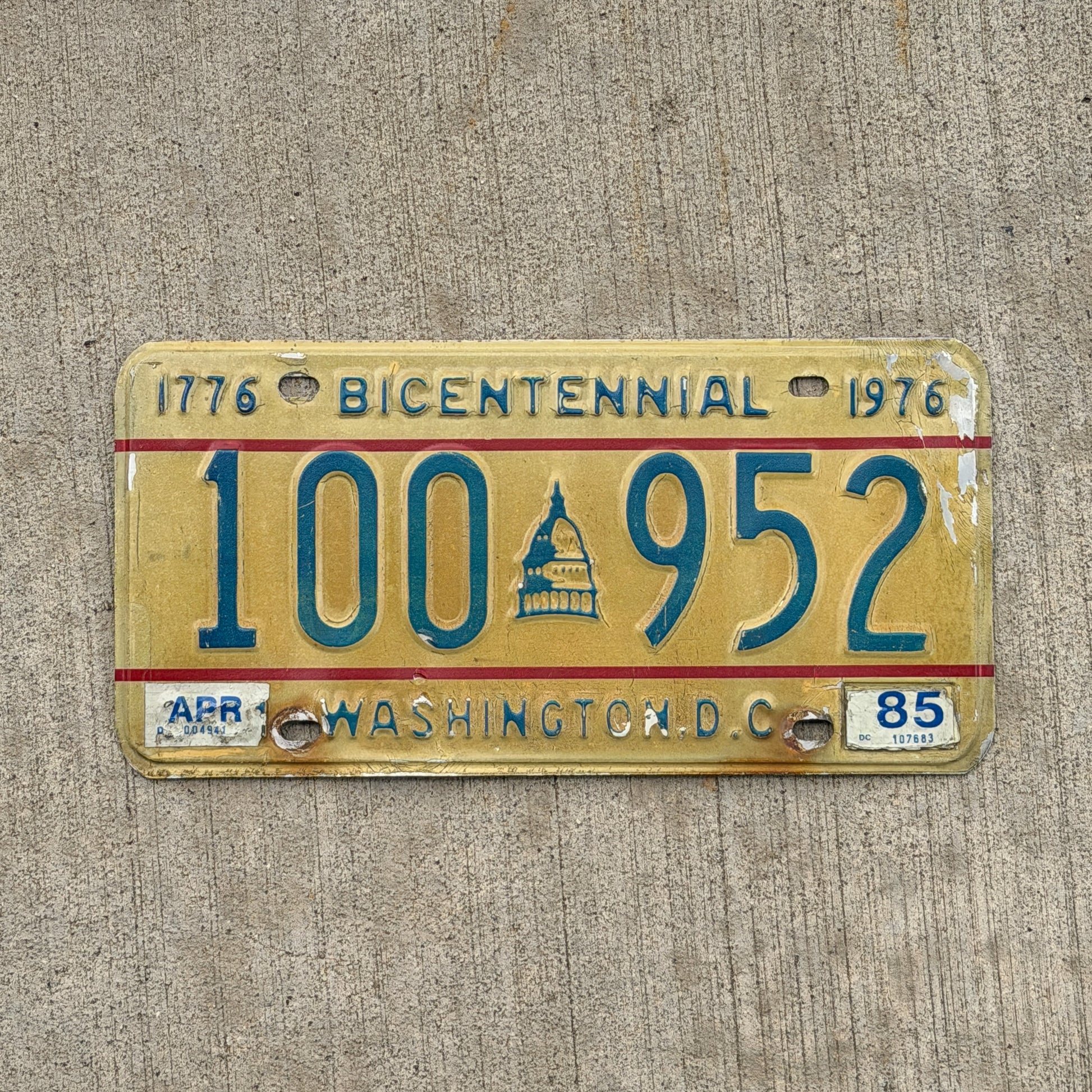 Photo of a 1975 1985 Washington DC License Plate Auto Tag 2 Vintage Garage Bicentennial 100 952 with original patina