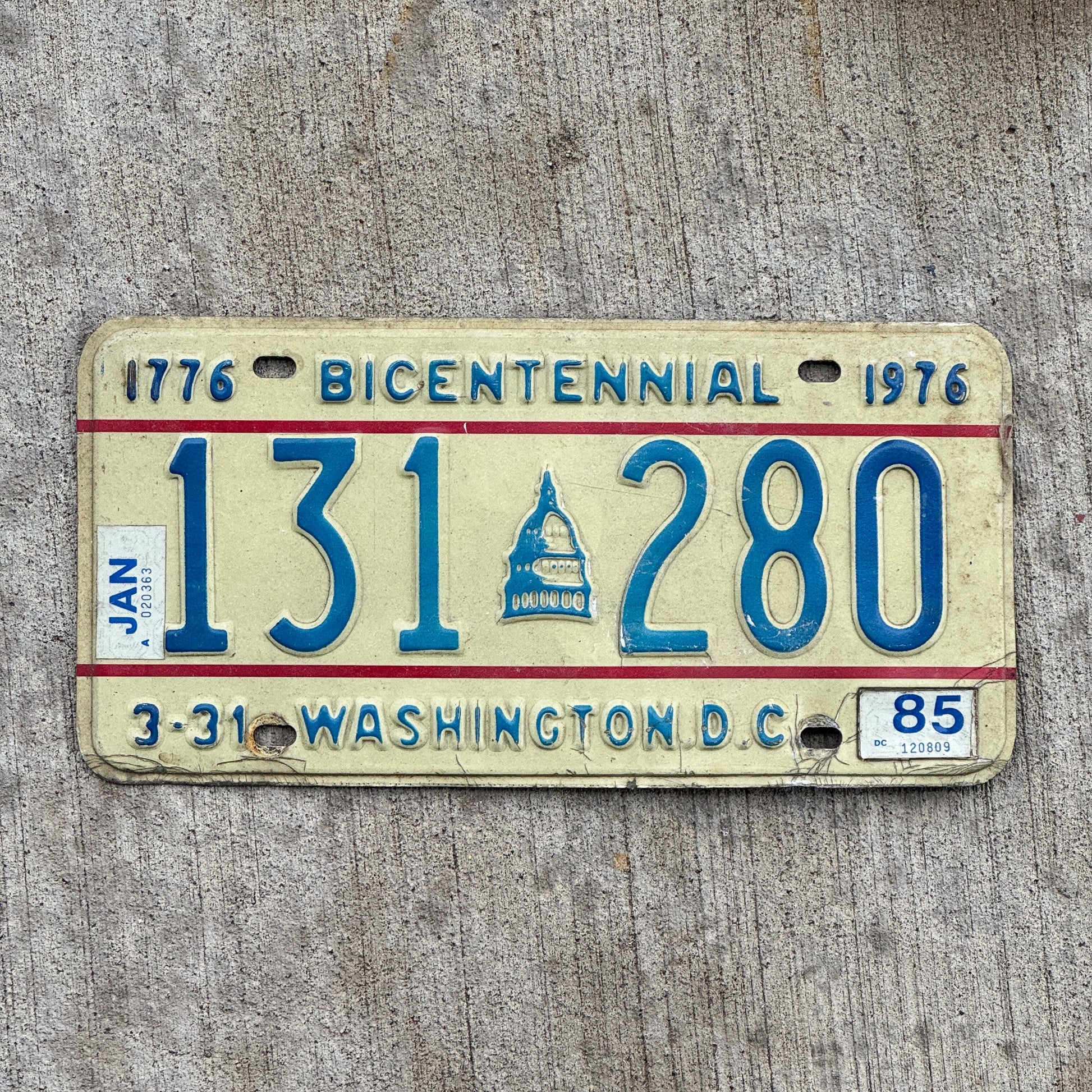 Photo of a 1975 1985 Washington DC License Plate Auto Tag 2 Vintage Garage Capitol Bicentennial 131 280 with original patina