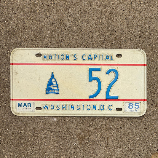 Photo of a 1975 1985 Washington DC License Plate Auto Tag Garage Decor Vintage Low Number Two Digit 52 with original patina