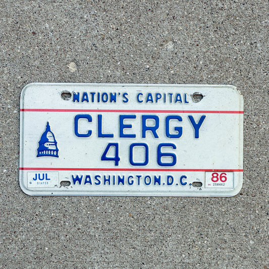 Photo of a 1975 1986 Washington DC Clergy License Plate Auto Tag Garage Decor Vintage Hard to Find Type 406 with original patina