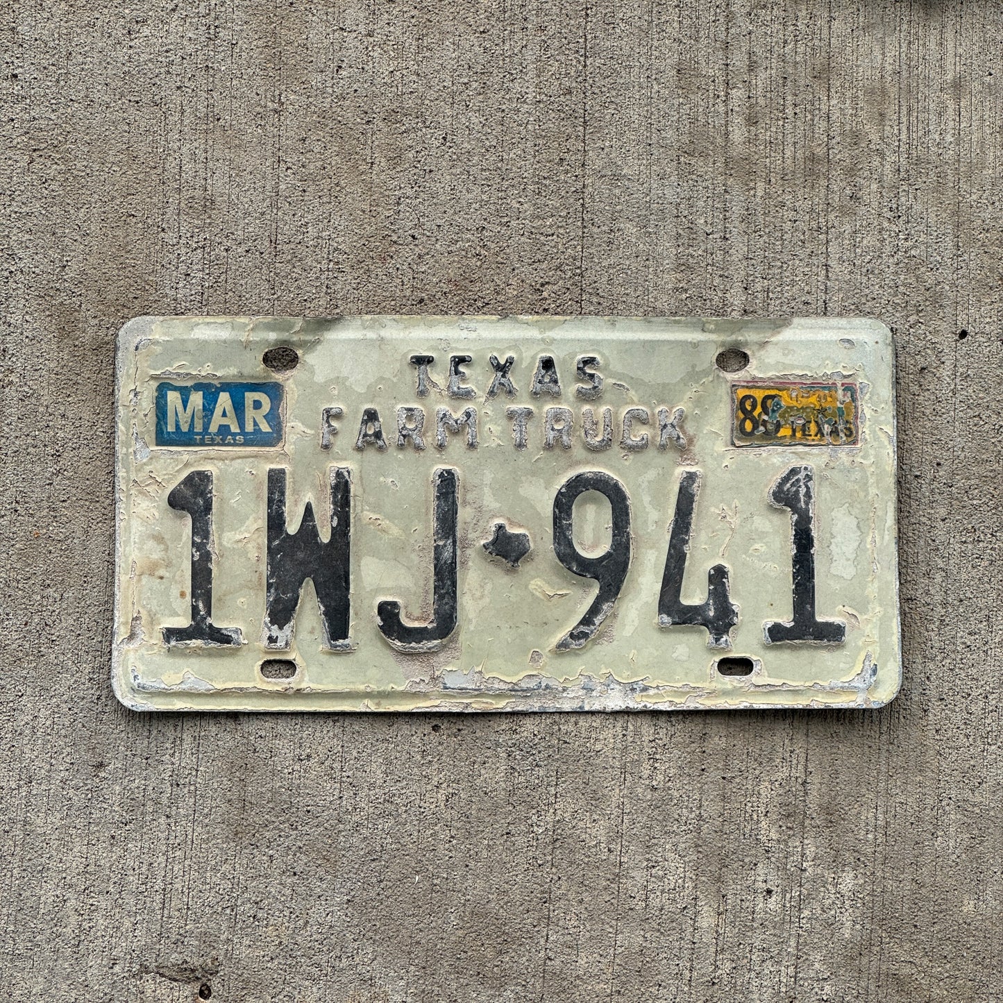 Photo of a 1975 1988 Texas Farm License Plate Auto Tag Garage Decor Vintage 1WJ 941 with original patina