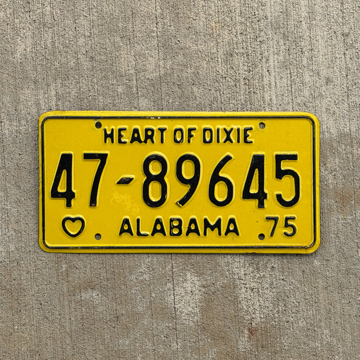 Photo of a 1975 Alabama License Plate Auto Tag Garage Decor Vintage 47 89645 with original patina