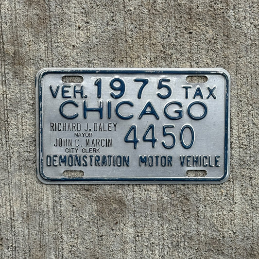 Photo of a 1975 Illinois Chicago Dealer Tax Tag Auto Tag Garage Decor Vintage 4450 with original patina