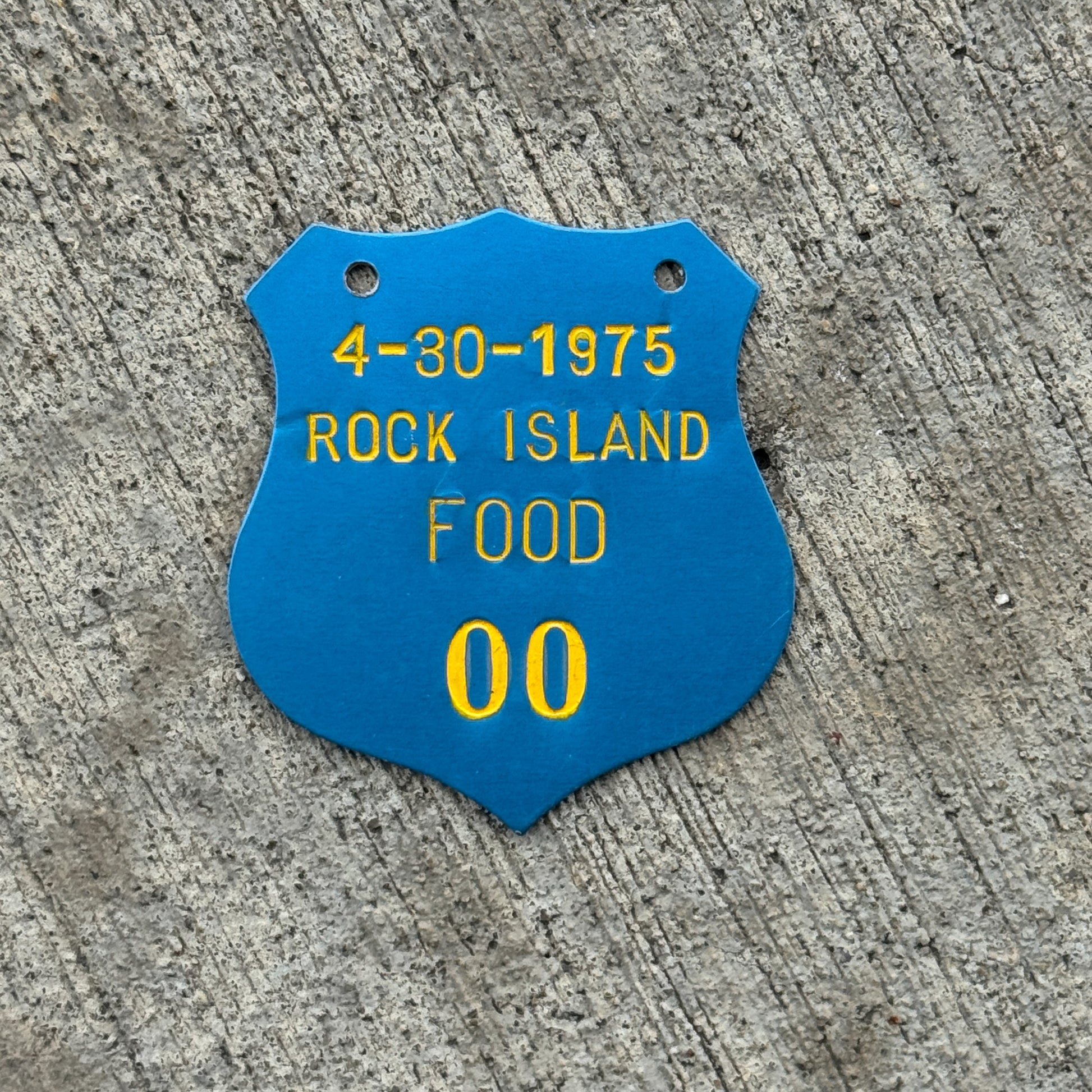 Photo of a 1975 Illinois Food Vendor Tax Tag License Plate Auto Tag Garage Decor Vintage Badge Low Number 00 with original patina