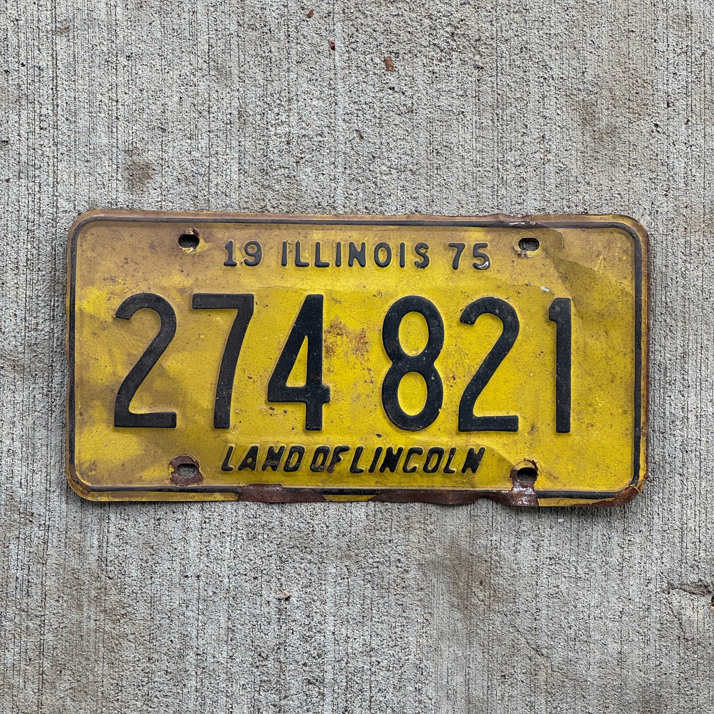 Photo of a 1975 Illinois License Plate Auto Tag 2 Vintage Garage 274 821 with original patina