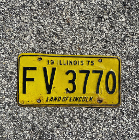 Photo of a 1975 Illinois License Plate Auto Tag Garage Decor Vintage Initials Name FV 3770