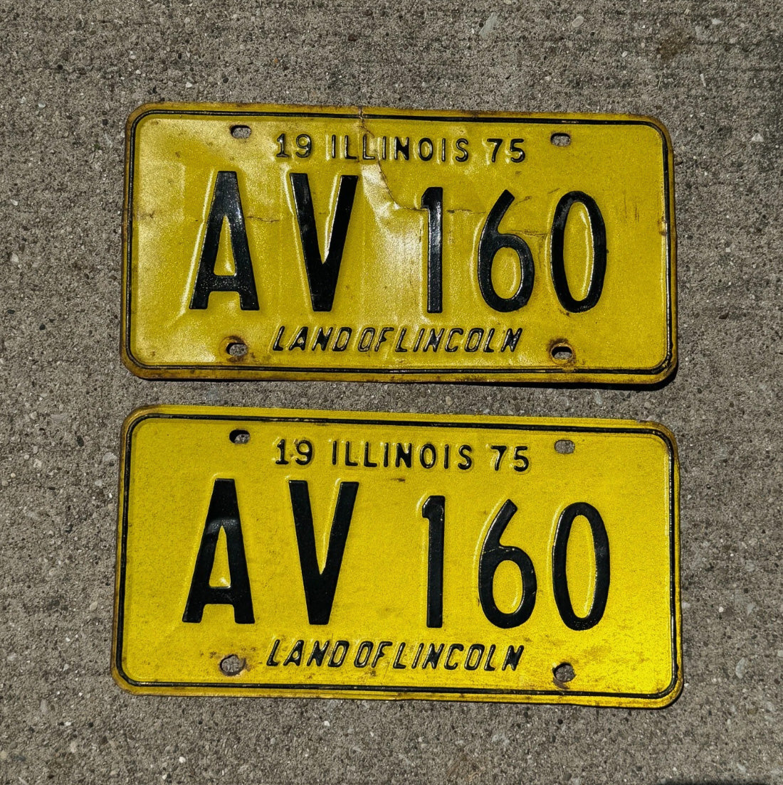 Photo of a 1975 Illinois License Plate Pair Auto Tag Garage Decor Initials Name AV 160