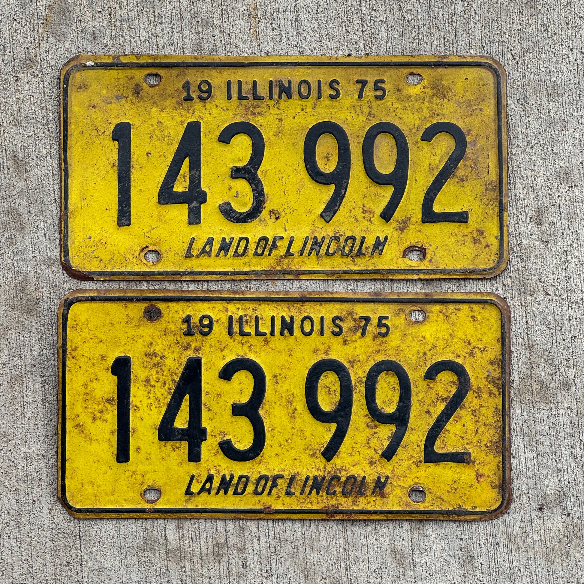 Photo of a 1975 Illinois License Plate Pair Auto Tag Garage Decor Vintage 143 992 with original patina