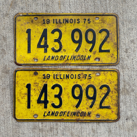Photo of a 1975 Illinois License Plate Pair Auto Tag Garage Decor Vintage 143 992 with original patina