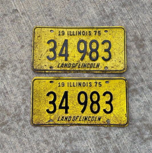 Photo of a 1975 Illinois License Plate Pair Auto Tag Garage Decor Vintage 34983 with original patina