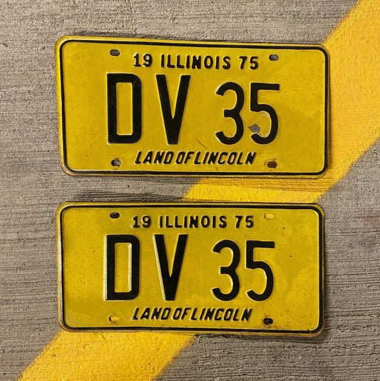 Photo of a 1975 Illinois License Plate Pair Auto Tag Garage Decor Vintage DV 35 with original patina