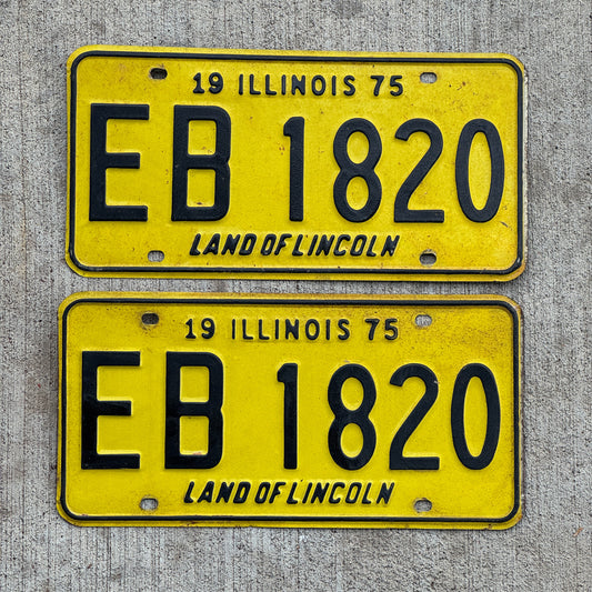 Photo of a 1975 Illinois License Plate Pair Auto Tag Garage Decor Vintage EB 1820 with original patina