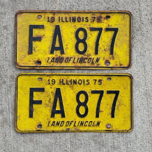 Photo of a 1975 Illinois License Plate Pair Auto Tag Garage Decor Vintage FA 877 with original patina
