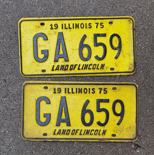 Photo of a 1975 Illinois License Plate Pair Auto Tag Garage Decor Vintage GA 659