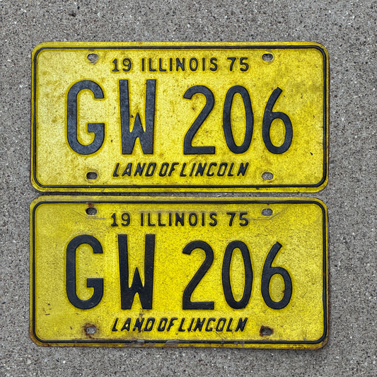 Photo of a 1975 Illinois License Plate Pair Auto Tag Garage Decor Vintage GW 206 with original patina