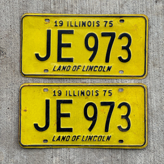 Photo of a 1975 Illinois License Plate Pair Auto Tag Garage Decor Vintage JE 973 with original patina