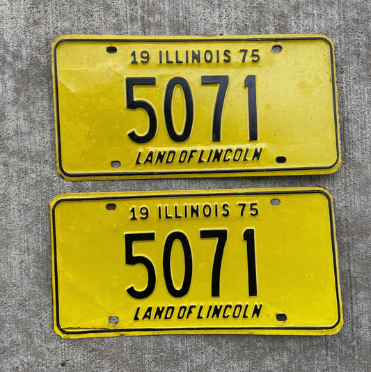 Photo of a 1975 Illinois License Plate Pair Auto Tag Garage Decor Vintage Low Number Four Digit 5071 with original patina