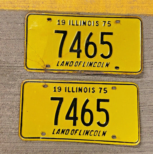 Photo of a 1975 Illinois License Plate Pair Auto Tag Garage Decor Vintage Low Number Four Digit 7465 with original patina