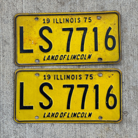 Photo of a 1975 Illinois License Plate Pair Auto Tag Garage Decor Vintage LS 7716 with original patina