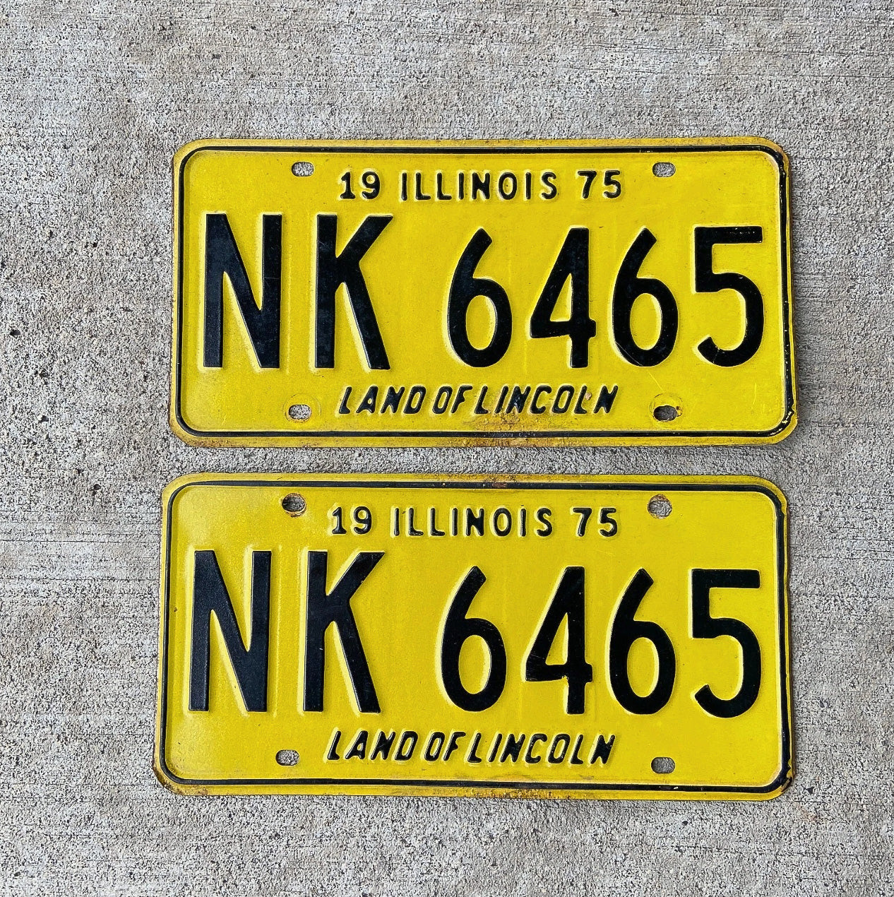 Photo of a 1975 Illinois License Plate Pair Auto Tag Garage Decor Vintage NK 6465 with original patina