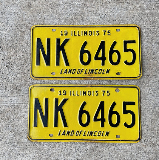 Photo of a 1975 Illinois License Plate Pair Auto Tag Garage Decor Vintage NK 6465 with original patina