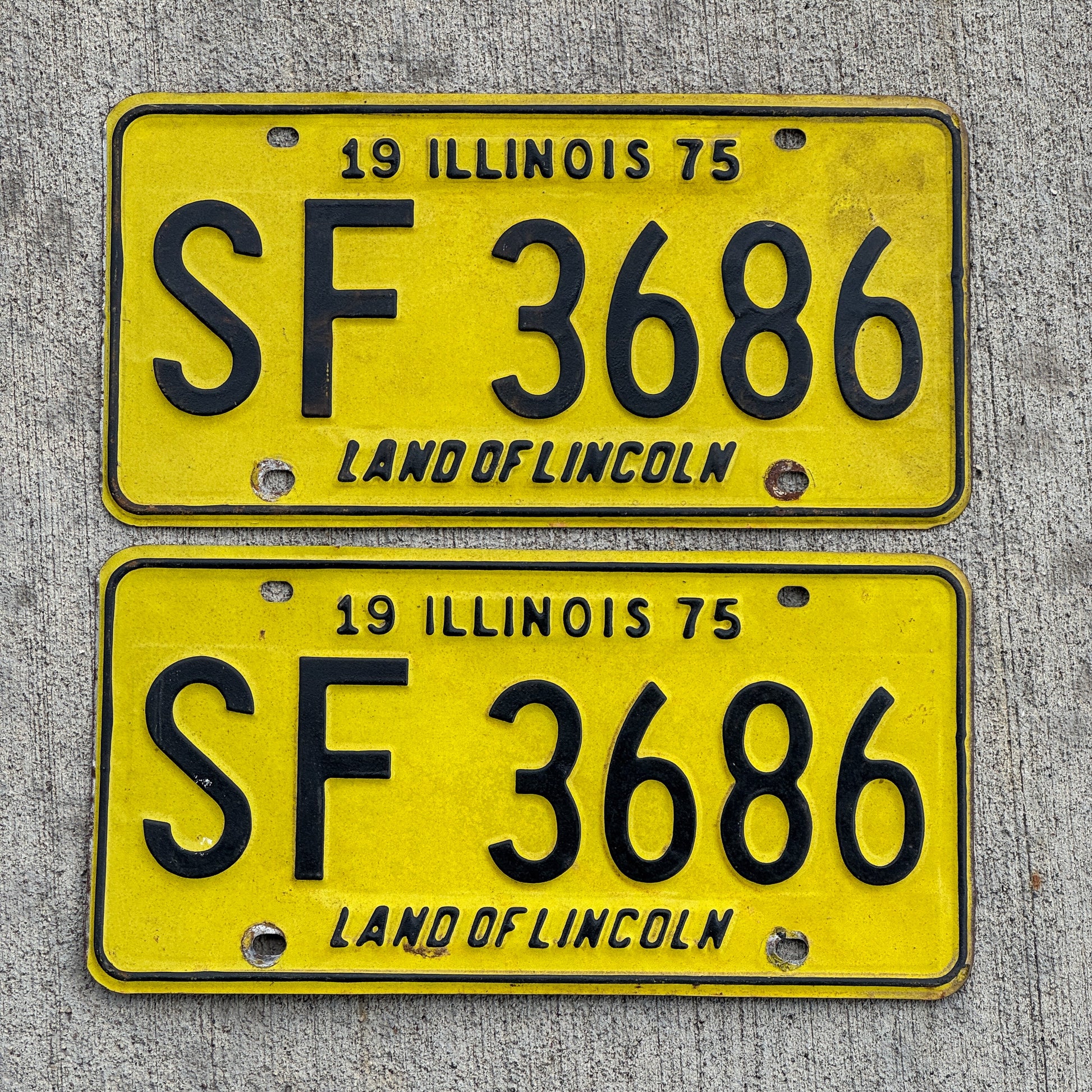 Photo of a 1975 Illinois License Plate Pair Auto Tag Garage Decor Vintage SF 3686 with original patina